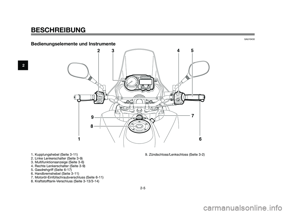 YAMAHA XT660Z 2011  Betriebsanleitungen (in German) GAU10430
Bedienungselemente und Instrumente
BESCHREIBUNG
2-5
2
1. Kupplungshebel (Seite 3-11)
2. Linke Lenkerschalter (Seite 3-9)
3. Multifunktionsanzeige (Seite 3-6)
4. Rechte Lenkerschalter (Seite 3