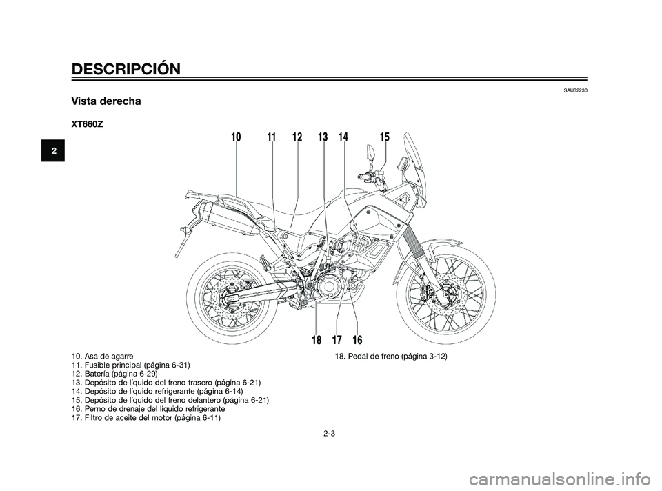 YAMAHA XT660Z 2011  Manuale de Empleo (in Spanish) SAU32230
Vista derecha
XT660Z
DESCRIPCIÓN
2-3
2
10. Asa de agarre
11. Fusible principal (página 6-31)
12. Batería (página 6-29)
13. Depósito de líquido del freno trasero (página 6-21)
14. Depó