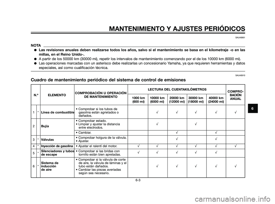 YAMAHA XT660Z 2011  Manuale de Empleo (in Spanish) MANTENIMIENTO Y AJUSTES PERIÓDICOS
6-3
6
SAU46861
NOTA
Las revisiones anuales deben realizarse todos los años, salvo si el mantenimiento se basa en el kilometraje -o en las
millas, en el Reino Unid