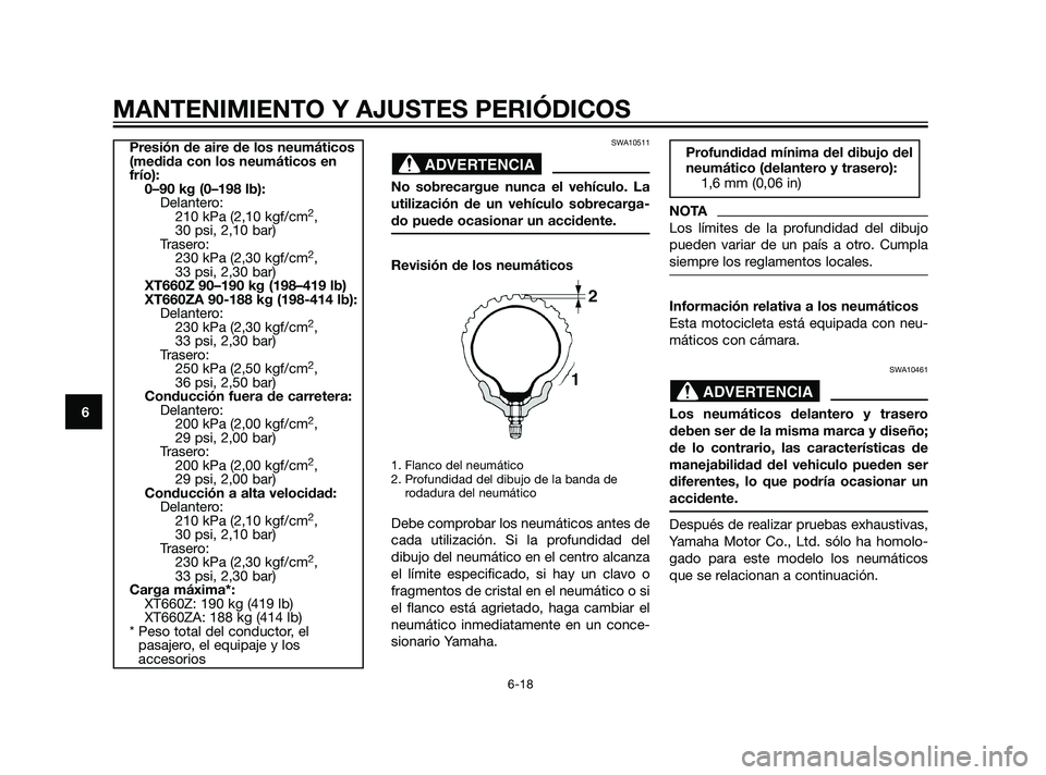 YAMAHA XT660Z 2011  Manuale de Empleo (in Spanish) SWA10511
No sobrecargue nunca el vehículo. La
utilización de un vehículo sobrecarga-
do puede ocasionar un accidente.
Revisión de los neumáticos
1. Flanco del neumático
2. Profundidad del dibujo