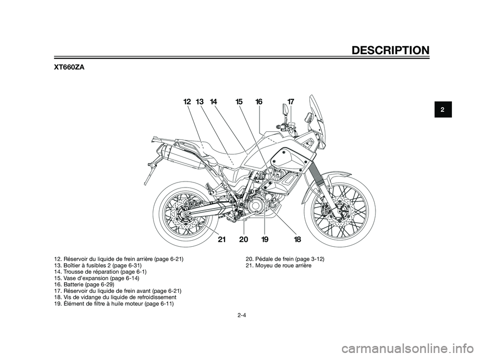 YAMAHA XT660Z 2011  Notices Demploi (in French) XT660ZA
DESCRIPTION
2-4
2
12. Réservoir du liquide de frein arrière (page 6-21)
13. Boîtier à fusibles 2 (page 6-31)
14. Trousse de réparation (page 6-1)
15. Vase d’expansion (page 6-14)
16. Ba