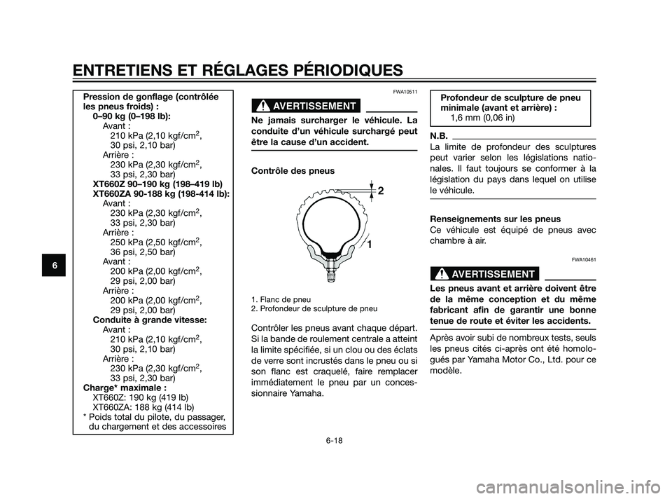 YAMAHA XT660Z 2011  Notices Demploi (in French) FWA10511
Ne jamais surcharger le véhicule. La
conduite d’un véhicule surchargé peut
être la cause d’un accident.
Contrôle des pneus
1. Flanc de pneu
2. Profondeur de sculpture de pneu
Contrô
