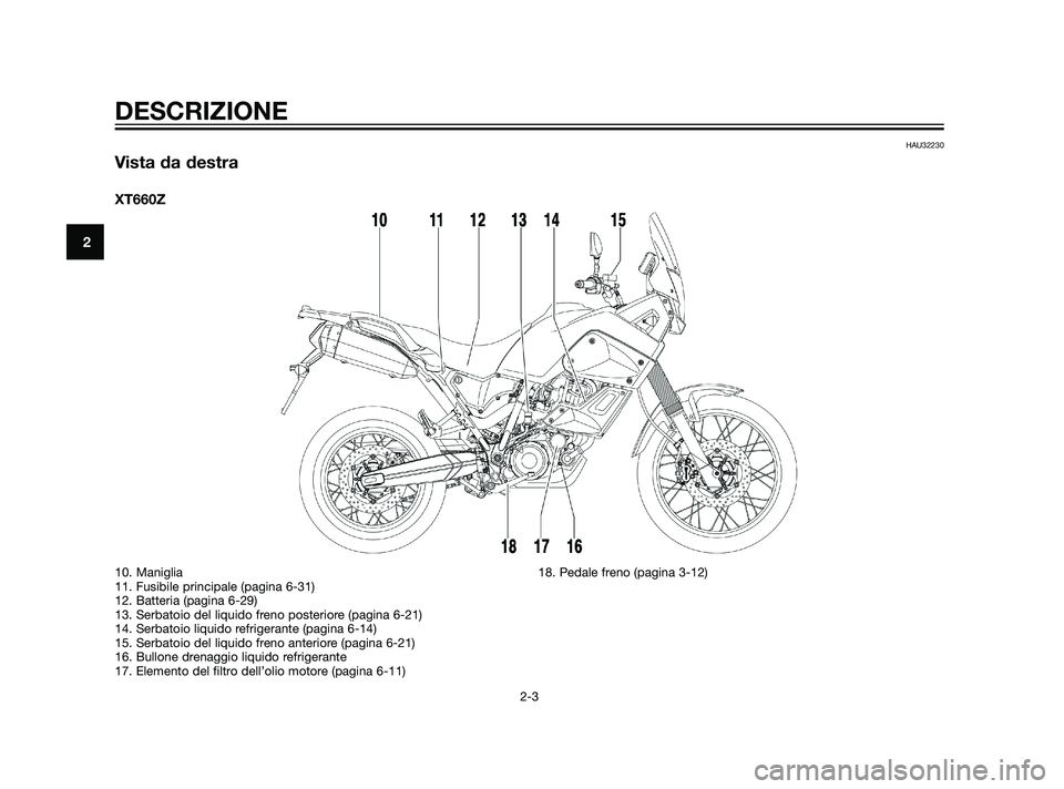 YAMAHA XT660Z 2011  Manuale duso (in Italian) HAU32230
Vista da destra
XT660Z
DESCRIZIONE
2-3
2
10. Maniglia 
11. Fusibile principale (pagina 6-31)
12. Batteria (pagina 6-29)
13. Serbatoio del liquido freno posteriore (pagina 6-21)
14. Serbatoio 