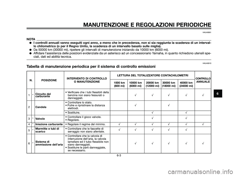 YAMAHA XT660Z 2011  Manuale duso (in Italian) MANUTENZIONE E REGOLAZIONI PERIODICHE
6-3
6
HAU46861
NOTAI controlli annuali vanno eseguiti ogni anno, a meno che in precedenza, non si sia raggiunta la scadenza di un interval-
lo chilometrico (o pe