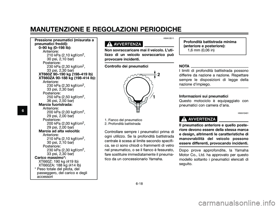YAMAHA XT660Z 2011  Manuale duso (in Italian) HWA10511
Non sovraccaricare mai il veicolo. L’uti-
lizzo di un veicolo sovraccarico può
provocare incidenti.
Controllo dei pneumatici
1. Fianco del pneumatico
2. Profondità battistrada
Controllare