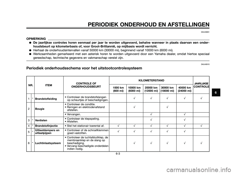 YAMAHA XT660Z 2011  Instructieboekje (in Dutch) PERIODIEK ONDERHOUD EN AFSTELLINGEN
6-3
6
DAU46861
OPMERKING
De jaarlijkse controles horen eenmaal per jaar te worden uitgevoerd, behalve wanneer in plaats daarvan een onder-
houdsbeurt op kilometerb