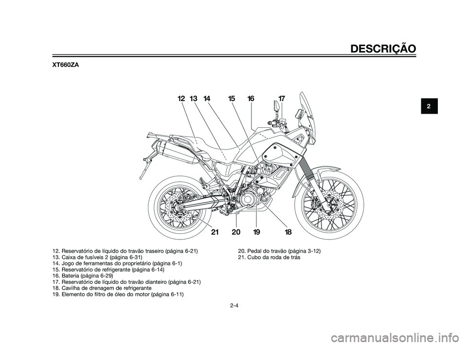YAMAHA XT660Z 2011  Manual de utilização (in Portuguese) XT660ZA
DESCRIÇÃO
2-4
2
12. Reservatório de líquido do travão traseiro (página 6-21)
13. Caixa de fusíveis 2 (página 6-31)
14. Jogo de ferramentas do proprietário (página 6-1)
15. Reservató