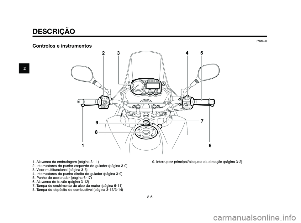 YAMAHA XT660Z 2011  Manual de utilização (in Portuguese) PAU10430
Controlos e instrumentos
DESCRIÇÃO
2-5
2
1. Alavanca da embraiagem (página 3-11)
2. Interruptores do punho esquerdo do guiador (página 3-9)
3. Visor multifuncional (página 3-6)
4. Interr