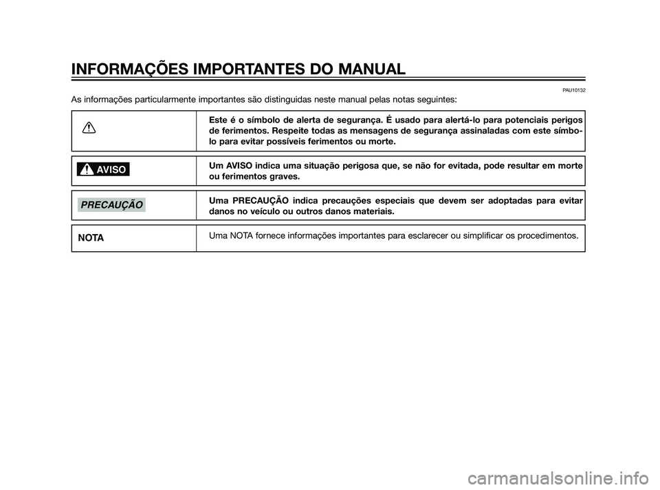 YAMAHA XT660Z 2011  Manual de utilização (in Portuguese) PAU10132
As informações particularmente importantes são distinguidas neste manual pelas notas seguintes:
Este é o símbolo de alerta de segurança. É usado para alertá-lo para potenciais perigos