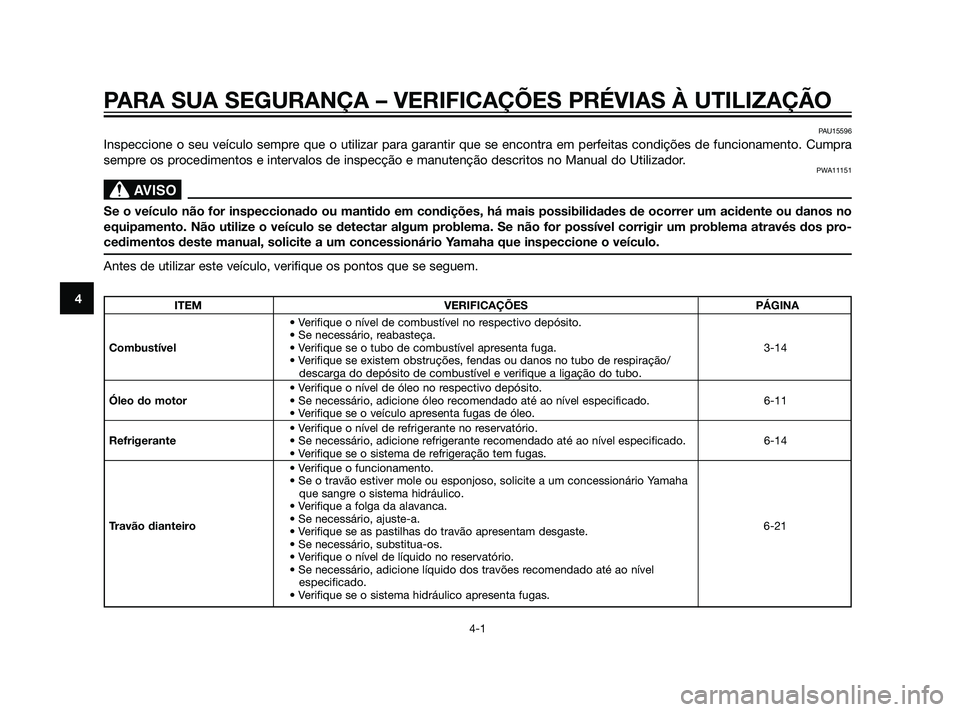 YAMAHA XT660Z 2011  Manual de utilização (in Portuguese) PARA SUA SEGURANÇA – VERIFICAÇÕES PRÉVIAS À UTILIZAÇÃO
4-1
4
PAU15596
Inspeccione o seu veículo sempre que o utilizar para garantir que se encontra em perfeitas condições de funcionamento.