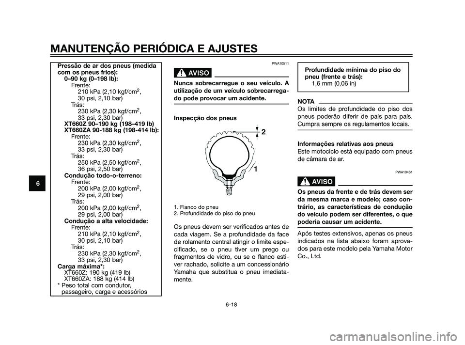 YAMAHA XT660Z 2011  Manual de utilização (in Portuguese) PWA10511
SBL00037.eps”)>
Nunca sobrecarregue o seu veículo. A
utilização de um veículo sobrecarrega-
do pode provocar um acidente.
Inspecção dos pneus
1. Flanco do pneu
2. Profundidade do piso