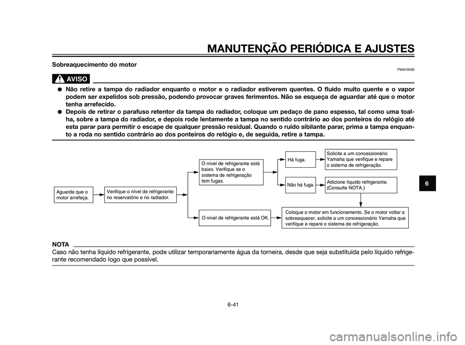 YAMAHA XT660Z 2011  Manual de utilização (in Portuguese) Sobreaquecimento do motorPWA10400
SBL00037.eps”)>
Não retire a tampa do radiador enquanto o motor e o radiador estiverem quentes. O fluido muito quente e o vapor
podem ser expelidos sob pressão, 