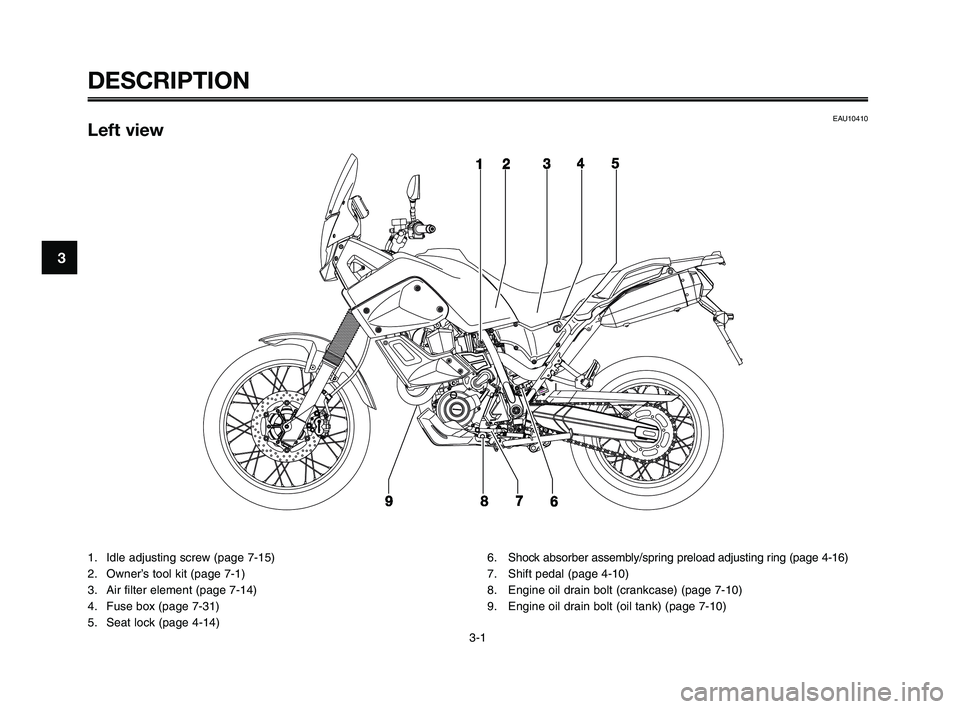 YAMAHA XT660Z 2010 Owners Manual 3-1
1
2
3
4
5
6
7
8
9
10
DESCRIPTION
EAU10410Left view
1. Idle adjusting screw (page 7-15)
2. Owner’s tool kit (page 7-1)
3. Air filter element (page 7-14)
4. Fuse box (page 7-31)
5. Seat lock (pag YAMAHA XT660Z 2010 Owners Manual 3-1
1
2
3
4
5
6
7
8
9
10
DESCRIPTION
EAU10410Left view
1. Idle adjusting screw (page 7-15)
2. Owner’s tool kit (page 7-1)
3. Air filter element (page 7-14)
4. Fuse box (page 7-31)
5. Seat lock (pag
