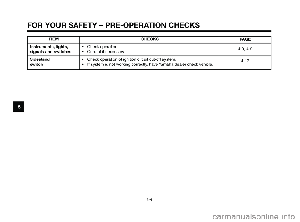 YAMAHA XT660Z 2010 Owners Guide FOR YOUR SAFETY – PRE-OPERATION CHECKS
5-4
1
2
3
4
5
6
7
8
9
10
ITEM
Instruments, lights,
signals and switches
Sidestand
switchCHECKS
Check operation.
Correct if necessary.
Check operation of ig YAMAHA XT660Z 2010 Owners Guide FOR YOUR SAFETY – PRE-OPERATION CHECKS
5-4
1
2
3
4
5
6
7
8
9
10
ITEM
Instruments, lights,
signals and switches
Sidestand
switchCHECKS
Check operation.
Correct if necessary.
Check operation of ig