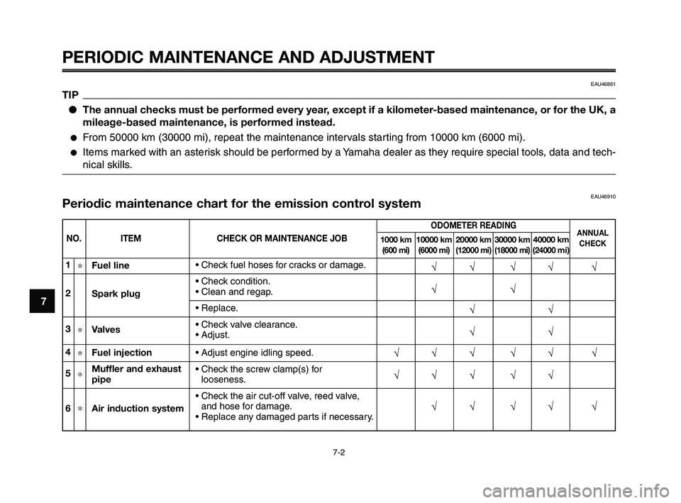 YAMAHA XT660Z 2010 User Guide PERIODIC MAINTENANCE AND ADJUSTMENT
EAU46861
TIP
●The annual checks must be performed every year, except if a kilometer-based maintenance, or for the UK, a
mileage-based maintenance, is performed in YAMAHA XT660Z 2010 User Guide PERIODIC MAINTENANCE AND ADJUSTMENT
EAU46861
TIP
●The annual checks must be performed every year, except if a kilometer-based maintenance, or for the UK, a
mileage-based maintenance, is performed in