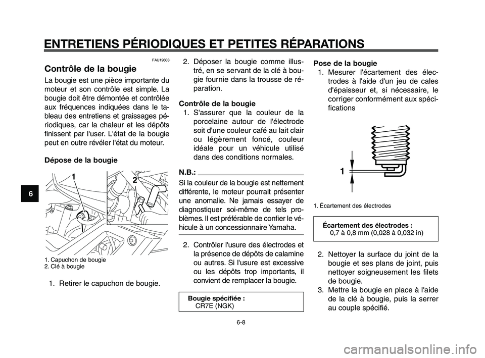YAMAHA XT660Z 2010 Notices Demploi (in French) ENTRETIENS PÉRIODIQUES ET PETITES RÉPARATIONS
6-8
1
2
3
4
5
6
7
8
9
10
2. Déposer la bougie comme illus-
tré, en se servant de la clé à bou-
gie fournie dans la trousse de ré-
paration.
Contrô YAMAHA XT660Z 2010 Notices Demploi (in French) ENTRETIENS PÉRIODIQUES ET PETITES RÉPARATIONS
6-8
1
2
3
4
5
6
7
8
9
10
2. Déposer la bougie comme illus-
tré, en se servant de la clé à bou-
gie fournie dans la trousse de ré-
paration.
Contrô