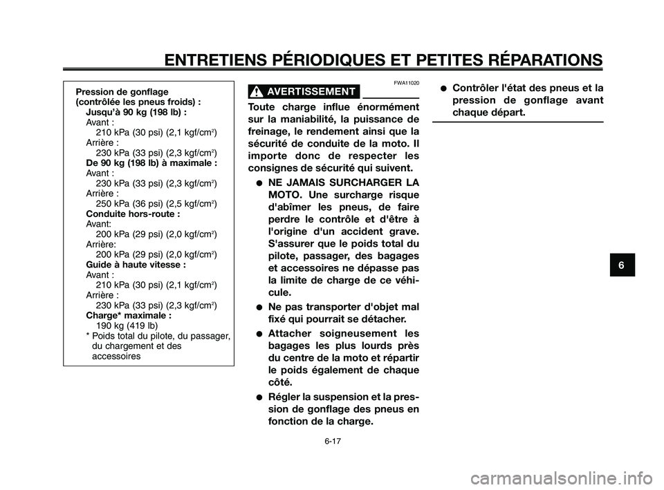 YAMAHA XT660Z 2010 Notices Demploi (in French) 1
2
3
4
5
6
7
8
9
10
ENTRETIENS PÉRIODIQUES ET PETITES RÉPARATIONS
6-17
FWA11020
AVERTISSEMENT0
Toute charge influe énormément
sur la maniabilité, la puissance de
freinage, le rendement ainsi que YAMAHA XT660Z 2010 Notices Demploi (in French) 1
2
3
4
5
6
7
8
9
10
ENTRETIENS PÉRIODIQUES ET PETITES RÉPARATIONS
6-17
FWA11020
AVERTISSEMENT0
Toute charge influe énormément
sur la maniabilité, la puissance de
freinage, le rendement ainsi que