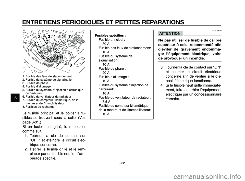 YAMAHA XT660Z 2010 Notices Demploi (in French) ENTRETIENS PÉRIODIQUES ET PETITES RÉPARATIONS
6-32
1
2
3
4
5
6
7
8
9
10
Fusibles spécifiés :
Fusible principal :
30 A
Fusible des feux de stationnement:
10 A
Fusible du système de
signalisation YAMAHA XT660Z 2010 Notices Demploi (in French) ENTRETIENS PÉRIODIQUES ET PETITES RÉPARATIONS
6-32
1
2
3
4
5
6
7
8
9
10
Fusibles spécifiés :
Fusible principal :
30 A
Fusible des feux de stationnement:
10 A
Fusible du système de
signalisation