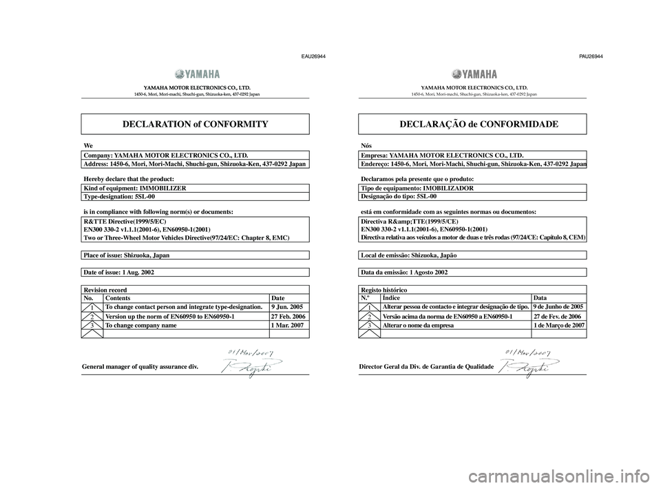 YAMAHA XT660Z 2010  Manual de utilização (in Portuguese) DECLARATION of CONFORMITY
�  	
	
  
� 	
 	

  
  
General manager of quality assurance div.
1Version up the norm of EN60950