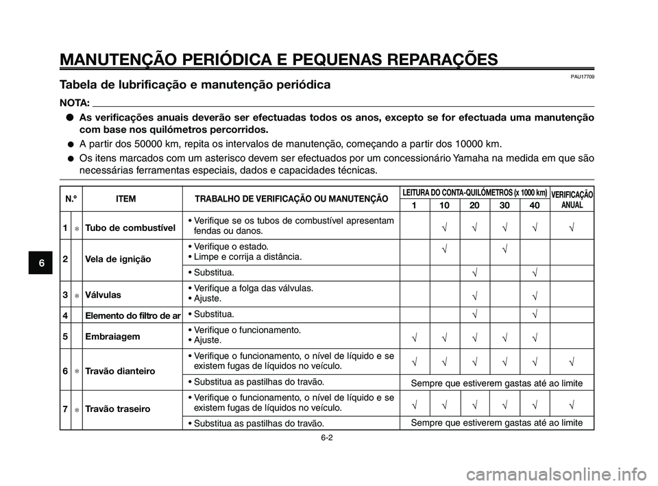 YAMAHA XT660Z 2010  Manual de utilização (in Portuguese) MANUTENÇÃO PERIÓDICA E PEQUENAS REPARAÇÕES
PAU17709Tabela de lubrificação e manutenção periódica
NOTA:
●As verificações anuais deverão ser efectuadas todos os anos, excepto se for efect