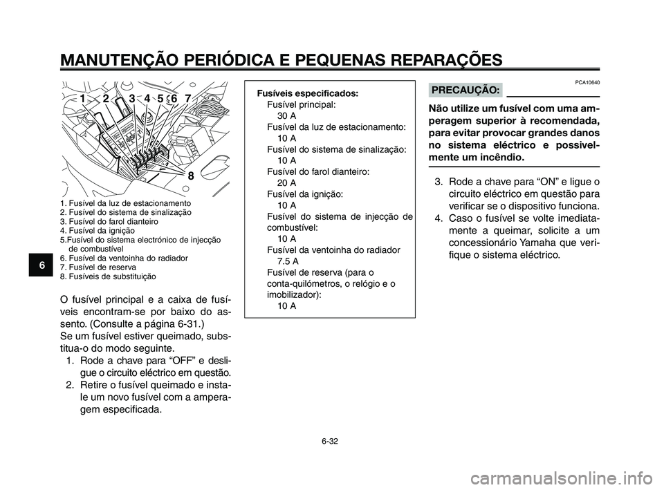YAMAHA XT660Z 2010  Manual de utilização (in Portuguese) MANUTENÇÃO PERIÓDICA E PEQUENAS REPARAÇÕES
6-32
1
2
3
4
5
6
7
8
9
10
PCA10640PRECAUÇÃO:
Não utilize um fusível com uma am-
peragem superior à recomendada,
para evitar provocar grandes danos
