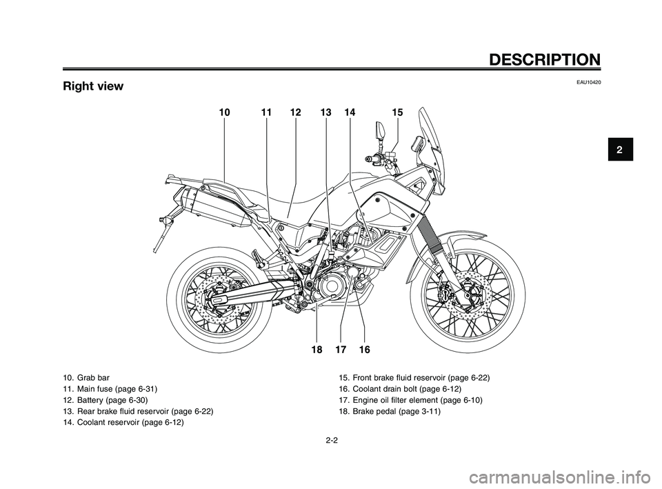 YAMAHA XT660Z 2009  Owners Manual 
10. Grab bar
11. Main fuse (page 6-31)
12. Battery (page 6-30)
13. Rear brake fluid reservoir (page 6-22)14. Coolant reservoir (page 6-12) 15. Front brake fluid reservoir (page 6-22)
16. Coolant drai
