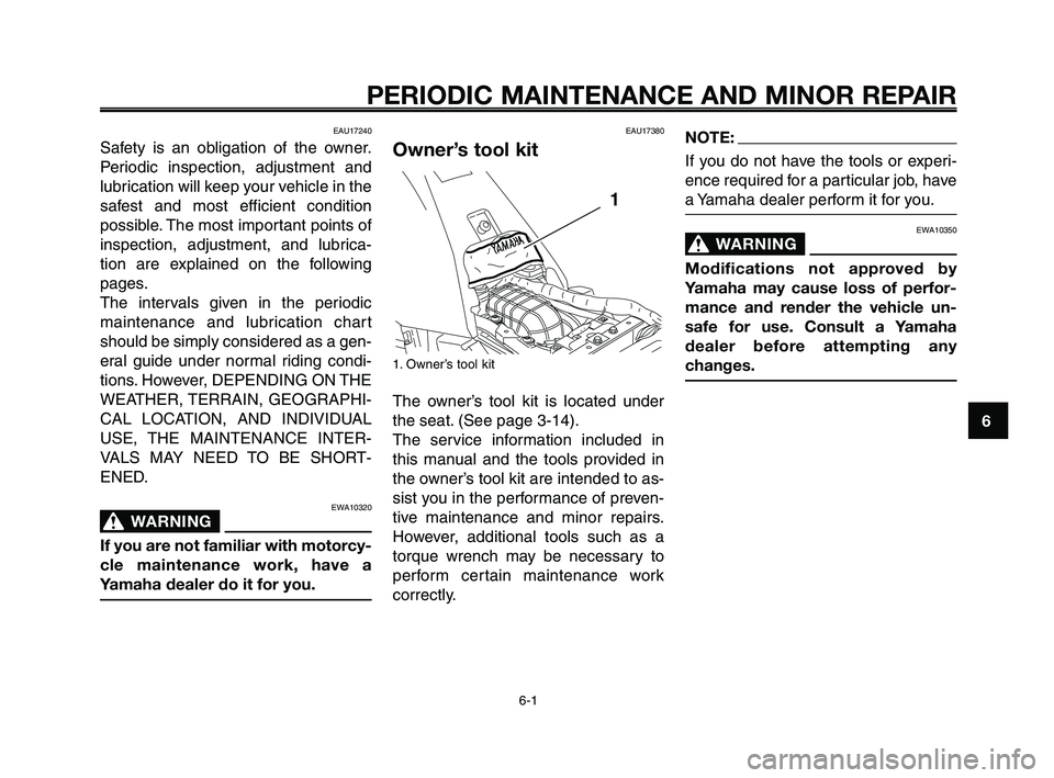 YAMAHA XT660Z 2008 Owners Manual
1
2
3
4
5
6
7
8
9
10
PERIODIC MAINTENANCE AND MINOR REPAIR
EAU17240
Safety is an obligation of the owner.
Periodic inspection, adjustment and
lubrication will keep your vehicle in the
safest and most YAMAHA XT660Z 2008 Owners Manual
1
2
3
4
5
6
7
8
9
10
PERIODIC MAINTENANCE AND MINOR REPAIR
EAU17240
Safety is an obligation of the owner.
Periodic inspection, adjustment and
lubrication will keep your vehicle in the
safest and most