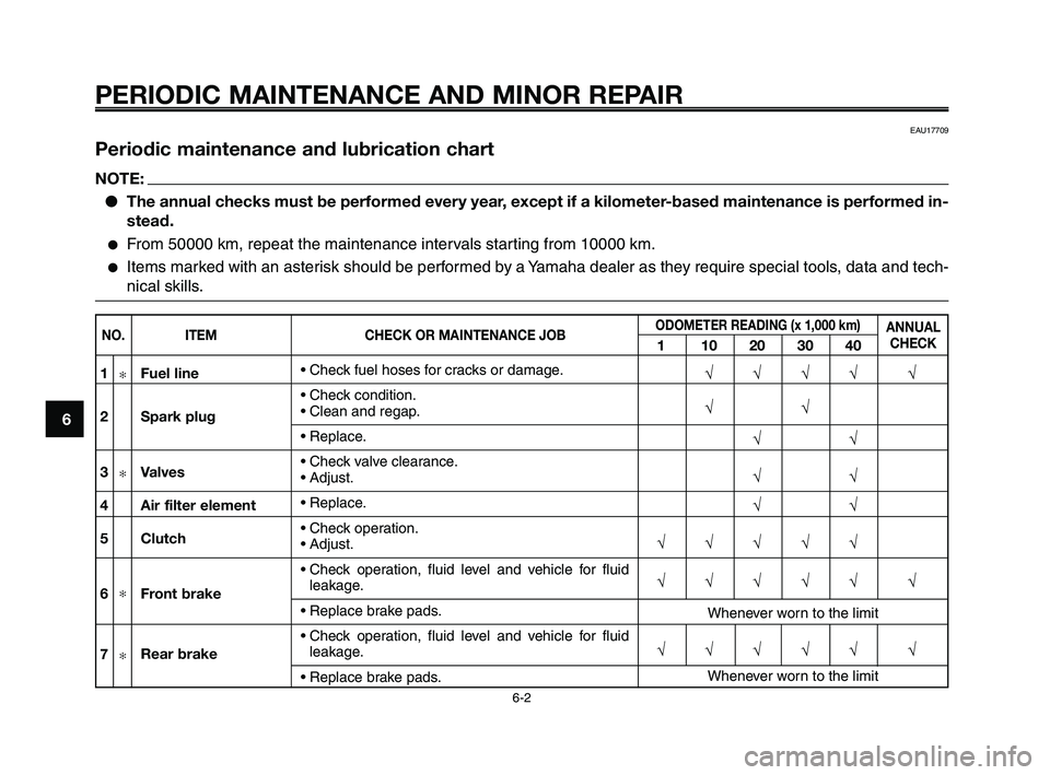 YAMAHA XT660Z 2008 Service Manual
PERIODIC MAINTENANCE AND MINOR REPAIR
EAU17709
Periodic maintenance and lubrication chart
NOTE:● The annual checks must be performed every year, except if a kilometer-based maintenance is performed YAMAHA XT660Z 2008 Service Manual
PERIODIC MAINTENANCE AND MINOR REPAIR
EAU17709
Periodic maintenance and lubrication chart
NOTE:● The annual checks must be performed every year, except if a kilometer-based maintenance is performed