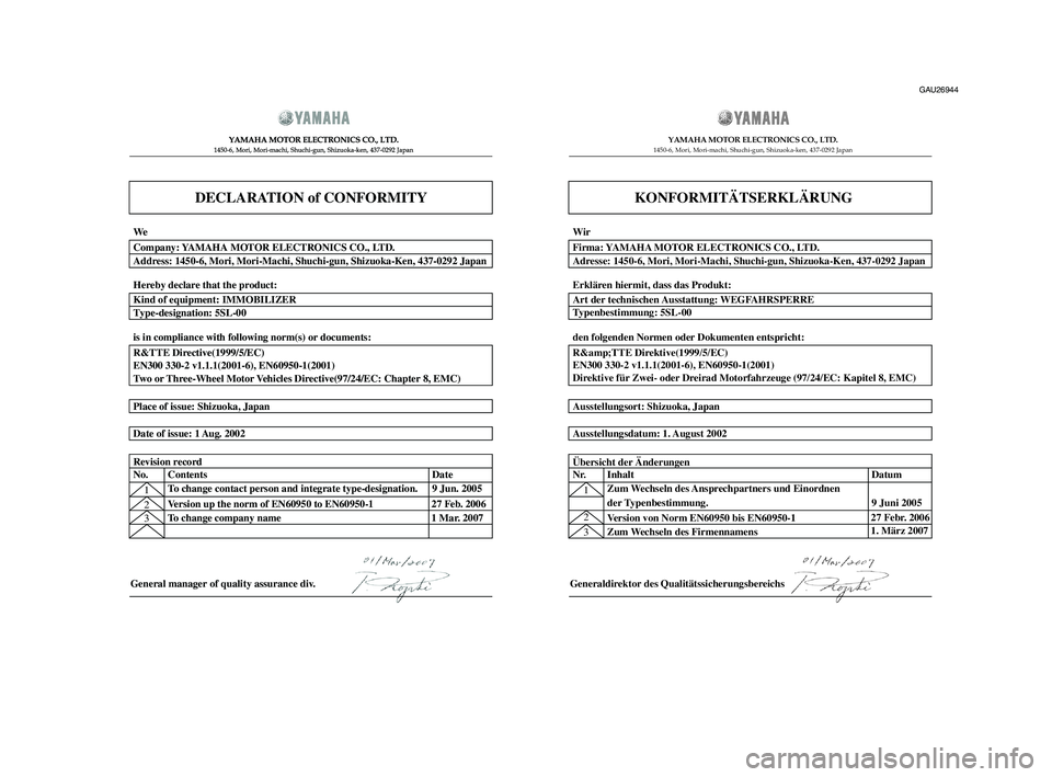 YAMAHA XT660Z 2008  Betriebsanleitungen (in German) 
KONFORMITÄTSERKLÄRUNG

YAMAHA MOTOR ELECTRONICS CO., LTD.1450-6, Mori, Mori-machi, Shuchi-gun, Shizuoka-ken, 437-0292 Japan

Generaldirektor des Qualitätssicherungsbereichs
1
Version von Norm EN60