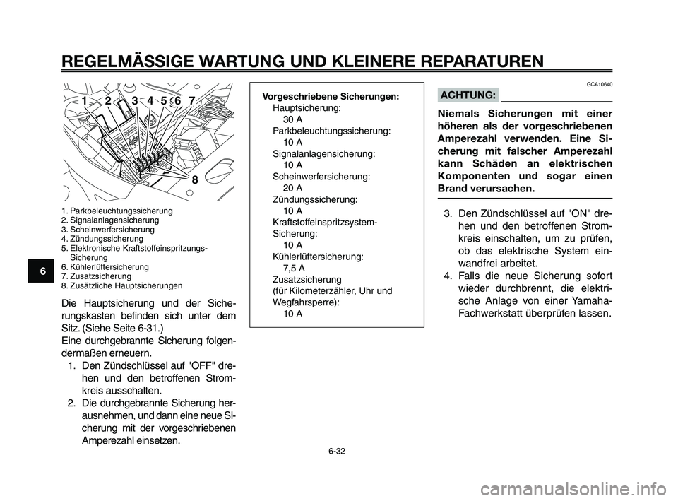YAMAHA XT660Z 2009 Betriebsanleitungen (in German)
REGELMÄSSIGE WARTUNG UND KLEINERE REPARATUREN
1. Parkbeleuchtungssicherung
2. Signalanlagensicherung
3. Scheinwerfersicherung
4. Zündungssicherung
5. Elektronische Kraftstoffeinspritzungs-Sicherung YAMAHA XT660Z 2009 Betriebsanleitungen (in German)
REGELMÄSSIGE WARTUNG UND KLEINERE REPARATUREN
1. Parkbeleuchtungssicherung
2. Signalanlagensicherung
3. Scheinwerfersicherung
4. Zündungssicherung
5. Elektronische Kraftstoffeinspritzungs-Sicherung