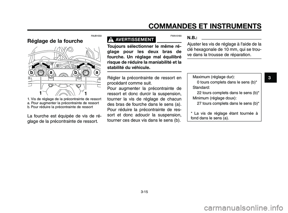 YAMAHA XT660Z 2008  Notices Demploi (in French) 
1
2
3
4
5
6
7
8
9
10
COMMANDES ET INSTRUMENTS
3-15
FAUB1550
Réglage de la fourche
1. Vis de réglage de la précontrainte de ressort
a. Pour augmenter la précontrainte de ressort
b. Pour réduire l
