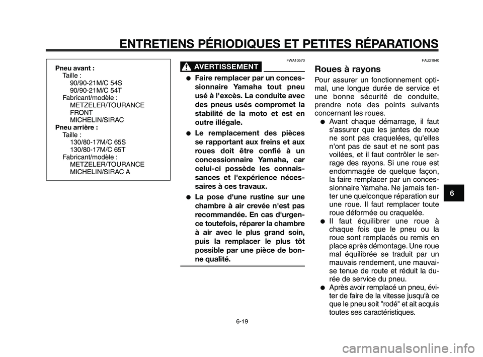 YAMAHA XT660Z 2008 Notices Demploi (in French)
1
2
3
4
5
6
7
8
9
10
ENTRETIENS PÉRIODIQUES ET PETITES RÉPARATIONS
6-19
Pneu avant :Taille :90/90-21M/C 54S
90/90-21M/C 54T
Fabricant/modèle : METZELER/TOURANCE
FRONT
MICHELIN/SIRAC
Pneu arrière YAMAHA XT660Z 2008 Notices Demploi (in French)
1
2
3
4
5
6
7
8
9
10
ENTRETIENS PÉRIODIQUES ET PETITES RÉPARATIONS
6-19
Pneu avant :Taille :90/90-21M/C 54S
90/90-21M/C 54T
Fabricant/modèle : METZELER/TOURANCE
FRONT
MICHELIN/SIRAC
Pneu arrière
