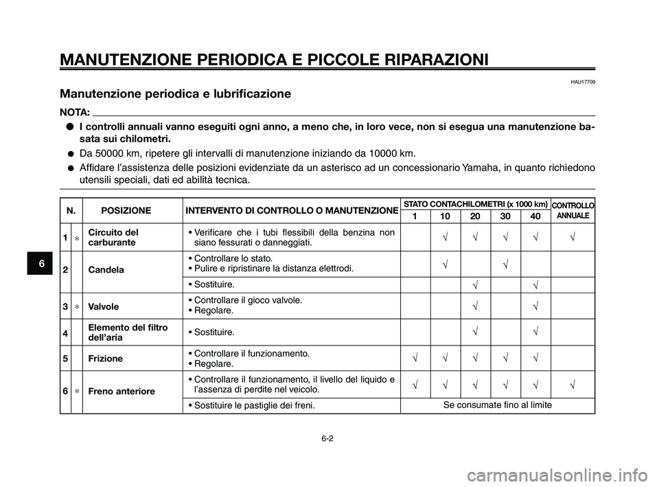 YAMAHA XT660Z 2009 Manuale duso (in Italian)
MANUTENZIONE PERIODICA E PICCOLE RIPARAZIONI
HAU17709
Manutenzione periodica e lubrificazione
NOTA:● I controlli annuali vanno eseguiti ogni anno, a meno che, in loro vece, non si esegua una manute YAMAHA XT660Z 2009 Manuale duso (in Italian)
MANUTENZIONE PERIODICA E PICCOLE RIPARAZIONI
HAU17709
Manutenzione periodica e lubrificazione
NOTA:● I controlli annuali vanno eseguiti ogni anno, a meno che, in loro vece, non si esegua una manute