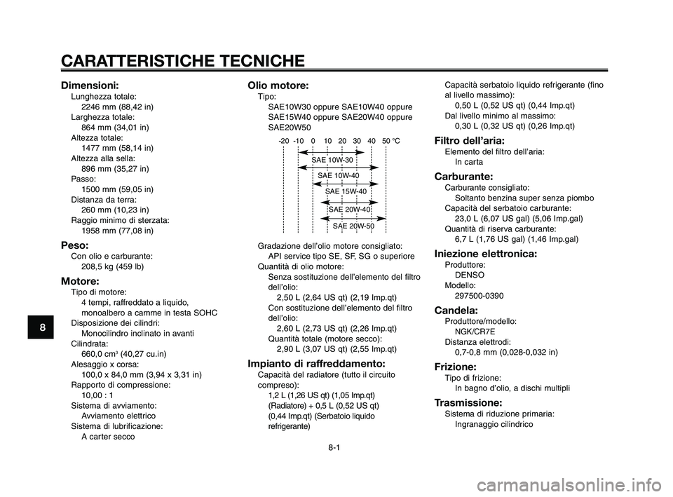 YAMAHA XT660Z 2009  Manuale duso (in Italian) 
CARATTERISTICHE TECNICHE
8-1
1
2
3
4
5
6
7
8
9
10
Olio motore:Tipo: SAE10W30 oppure SAE10W40 oppure
SAE15W40 oppure SAE20W40 oppure
SAE20W50
Gradazione dell’olio motore consigliato: API service tip