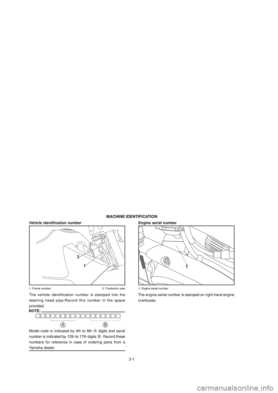 YAMAHA XTZ125 2008 User Guide 2-1
2-1
Vehicle identification number
1. Frame number 2. Production year
Engine serial number
1. Engine serial number
Model code is indicated by 4th to 8th A digits and serial
number is indicated by 1