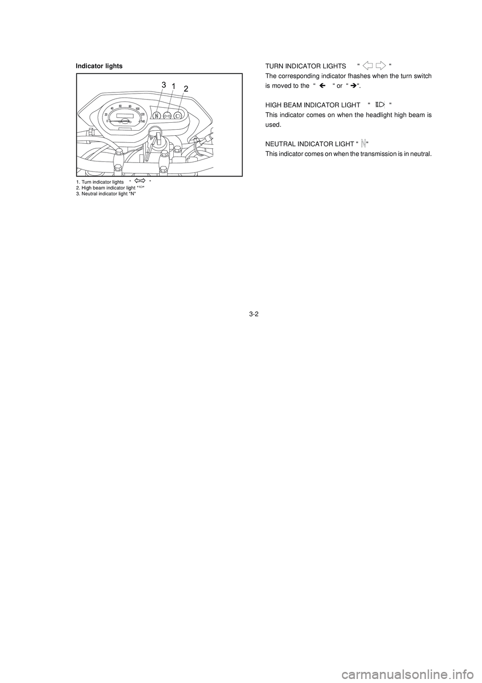 YAMAHA XTZ125 2008 User Guide 3-2
3-2
Indicator lights
	


	


	


TURN INDICATOR LIGHTS      "              "
The corresponding ind