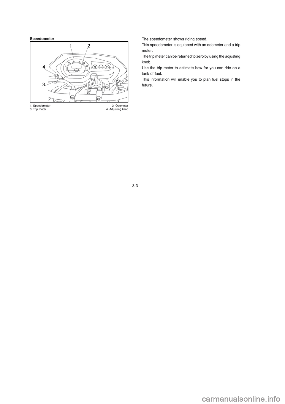 YAMAHA XTZ125 2008 User Guide 3-3
3-3
Speedometer
The speedometer shows riding speed.
This speedometer is equipped with an odometer and a trip
meter.
The trip meter can be returned to zero by using the adjusting
knob.
Use the trip