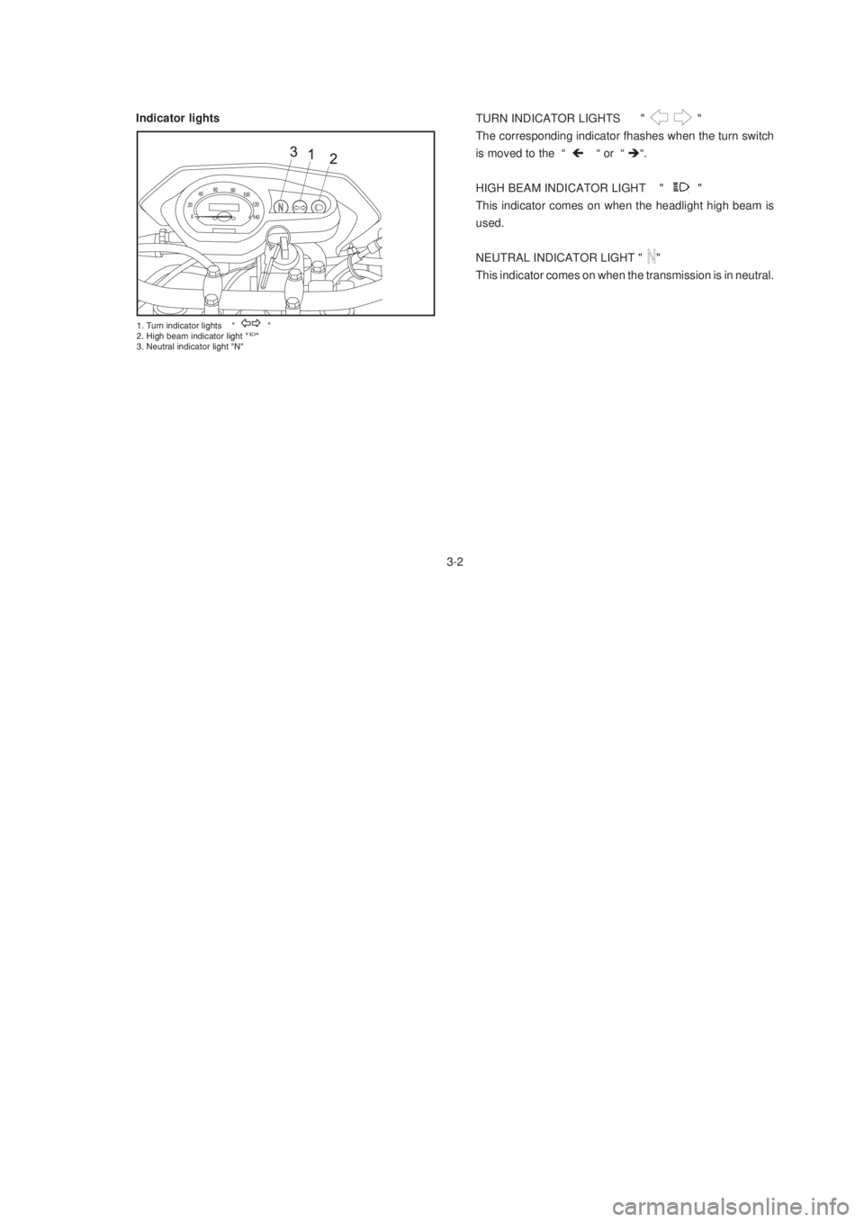 YAMAHA XTZ125 2005  Owners Manual 3-2
3-2
Indicator lights
	


	


	


TURN INDICATOR LIGHTS      "              "
The corresponding ind