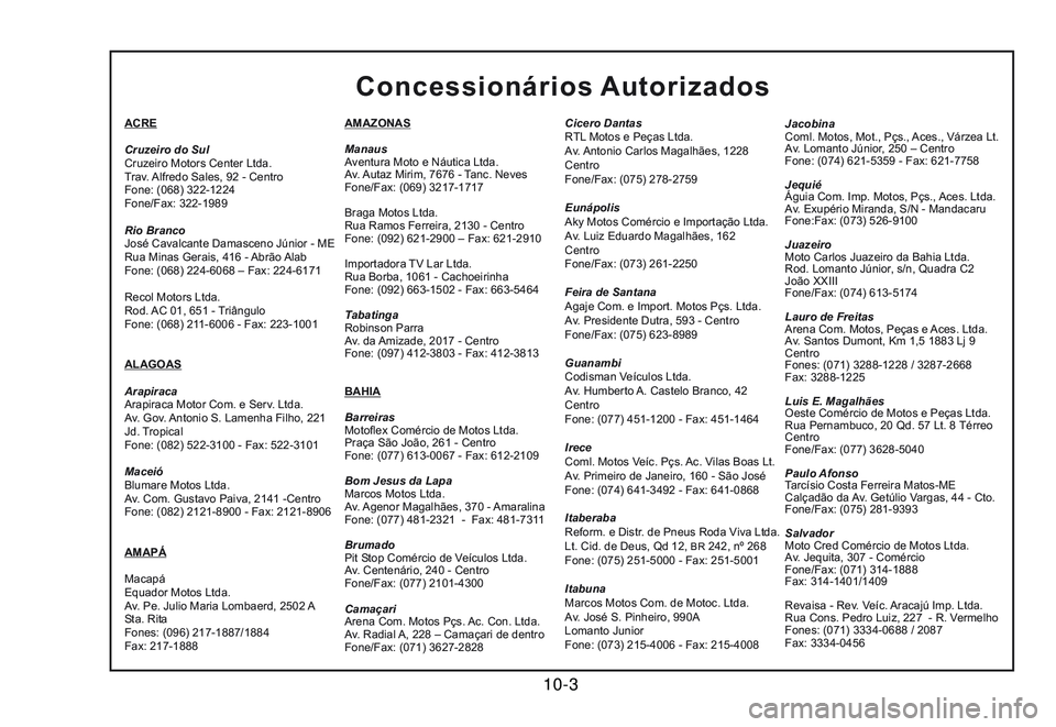 YAMAHA XTZ250 2007 Manual de utilização (in Portuguese) 10-3
ACRE
Cruzeiro do Sul
Cruzeiro Motors Center Ltda.
Trav. Alfredo Sales, 92 - Centro
Fone: (068) 322-1224
Fone/Fax: 322-1989
Rio Branco
José Cavalcante Damasceno Júnior - ME
Rua Minas Gerais, 41 YAMAHA XTZ250 2007 Manual de utilização (in Portuguese) 10-3
ACRE
Cruzeiro do Sul
Cruzeiro Motors Center Ltda.
Trav. Alfredo Sales, 92 - Centro
Fone: (068) 322-1224
Fone/Fax: 322-1989
Rio Branco
José Cavalcante Damasceno Júnior - ME
Rua Minas Gerais, 41