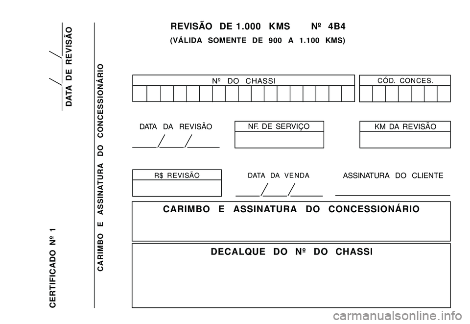 YAMAHA XTZ250 2007  Manual de utilização (in Portuguese) CARIMBO  E  ASSINATURA  DO  CONCESSIONÁRIO
CERTIFICADO  Nº  1
DATA  DE  REVISÃO
Nº  DO  CHASSICÓD.  CONCES.
KM DA REVISÃO NF. DE SERVIÇO
DATA  DA  REVISÃO
ASSINATURA  DO  CLIENTE
R$  REVISÃO 