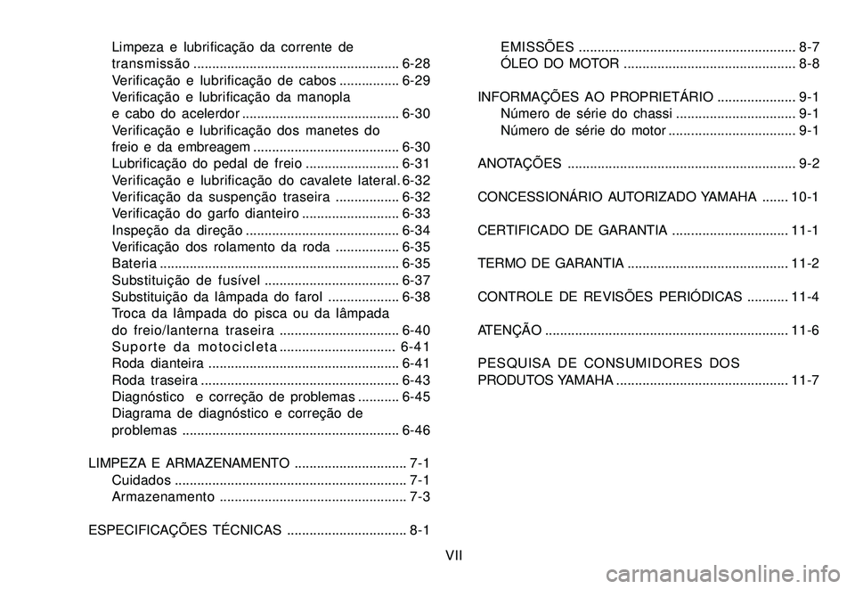 YAMAHA XTZ250 2007  Manual de utilização (in Portuguese) VII Limpeza e lubrificação da corrente de
transmissão.......................................................6-28
Verificação e lubrificação de cabos ................6-29
Verificação e lubrifi