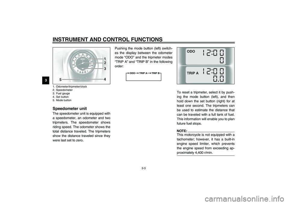 YAMAHA XV1600A 2002 Owners Manual INSTRUMENT AND CONTROL FUNCTIONS
3-3
3
EAU03393
Speedometer unit The speedometer unit is equipped with
a speedometer, an odometer and two
tripmeters. The speedometer shows
riding speed. The odometer s YAMAHA XV1600A 2002 Owners Manual INSTRUMENT AND CONTROL FUNCTIONS
3-3
3
EAU03393
Speedometer unit The speedometer unit is equipped with
a speedometer, an odometer and two
tripmeters. The speedometer shows
riding speed. The odometer s