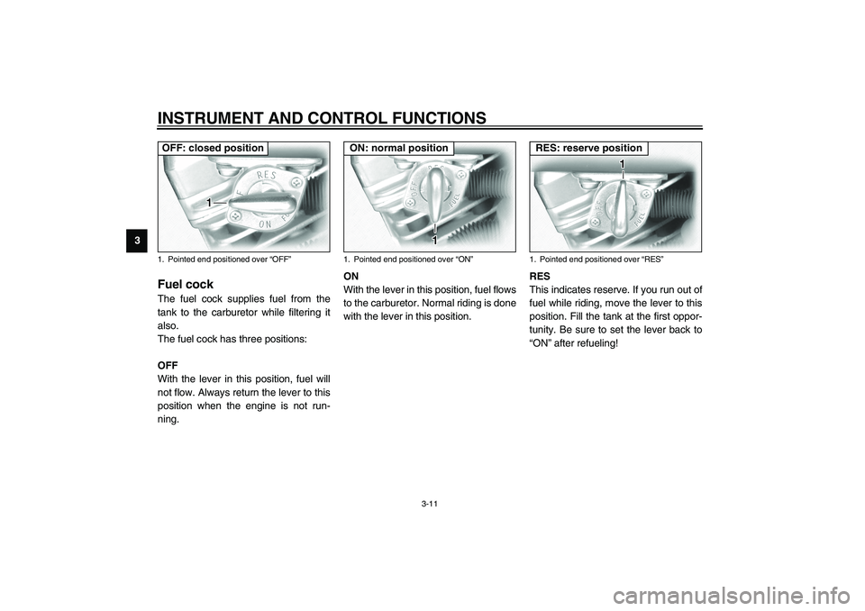 YAMAHA XV1600A 2002 Owners Manual INSTRUMENT AND CONTROL FUNCTIONS
3-11
3
EAU03050
Fuel cock The fuel cock supplies fuel from the
tank to the carburetor while filtering it
also.
The fuel cock has three positions:
OFF
With the lever in