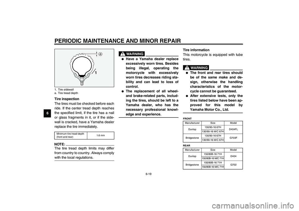 YAMAHA XV1600A 2002 Repair Manual PERIODIC MAINTENANCE AND MINOR REPAIR
6-19
6Tire inspection
The tires must be checked before each
ride. If the center tread depth reaches
the specified limit, if the tire has a nail
or glass fragments