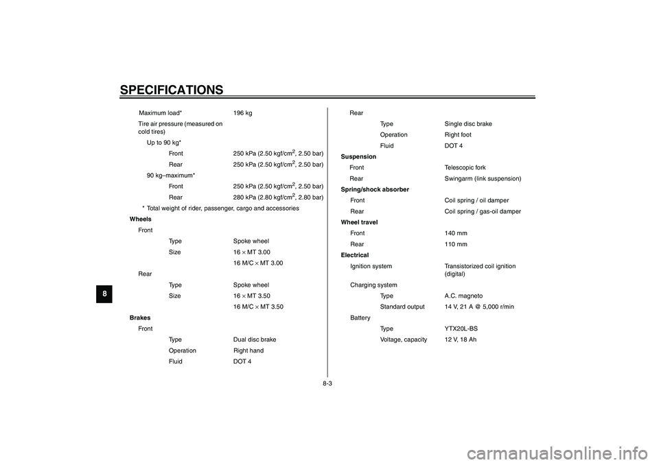 YAMAHA XV1600A 2002  Owners Manual SPECIFICATIONS
8-3
8
Maximum load* 196 kg
Tire air pressure (measured on 
cold tires)
Up to 90 kg*
Front 250 kPa (2.50 kgf/cm
2, 2.50 bar)
Rear 250 kPa (2.50 kgf/cm2, 2.50 bar)
90 kg–maximum*
Front 
