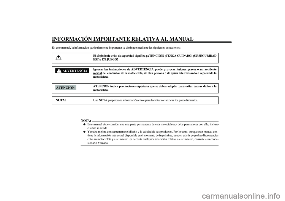 YAMAHA XV1600A 2002 Manuale de Empleo (in Spanish) SAU00005
INFORMACIÓN IMPORTANTE RELATIVA AL MANUALEn este manual, la información particularmente importante se distingue mediante las siguientes anotaciones:
El símbolo de aviso de seguridad signif YAMAHA XV1600A 2002 Manuale de Empleo (in Spanish) SAU00005
INFORMACIÓN IMPORTANTE RELATIVA AL MANUALEn este manual, la información particularmente importante se distingue mediante las siguientes anotaciones:
El símbolo de aviso de seguridad signif
