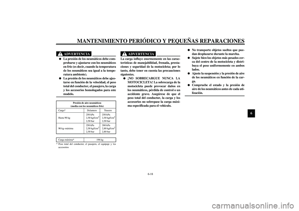 YAMAHA XV1600A 2002  Manuale de Empleo (in Spanish) MANTENIMIENTO PERIÓDICO Y PEQUEÑAS REPARACIONES
6-18
6
SW000082
ADVERTENCIA
_ 
La presión de los neumáticos debe com-
probarse y ajustarse con los neumáticos
en frío (es decir, cuando la temper