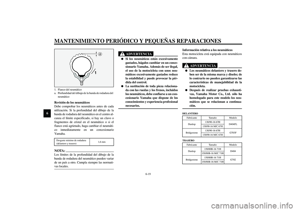 YAMAHA XV1600A 2002  Manuale de Empleo (in Spanish) MANTENIMIENTO PERIÓDICO Y PEQUEÑAS REPARACIONES
6-19
6
Revisión de los neumáticos
Debe comprobar los neumáticos antes de cada
utilización. Si la profundidad del dibujo de la
banda de rodadura de