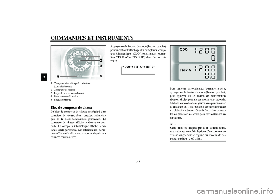 YAMAHA XV1600A 2002  Notices Demploi (in French) COMMANDES ET INSTRUMENTS
3-3
3
FAU03393
Bloc de compteur de vitesse Le bloc de compteur de vitesse est équipé d’un
compteur de vitesse, d’un compteur kilométri-
que et de deux totalisateurs jou