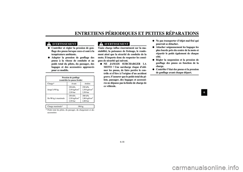YAMAHA XV1600A 2002  Notices Demploi (in French) ENTRETIENS PÉRIODIQUES ET PETITES RÉPARATIONS
6-18
6
FW000082
AVERTISSEMENT
_ 
Contrôler et régler la pression de gon-
flage des pneus lorsque ceux-ci sont à la
température ambiante. 

Adapter